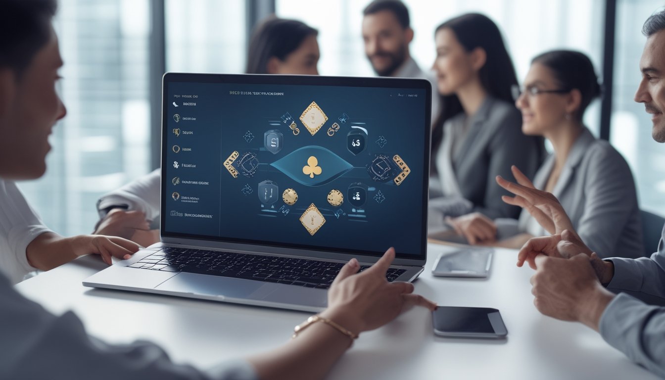 Dua orang dewasa menggunakan laptop dan ponsel dengan tampilan hiburan kasino digital yang modern dan aman.
