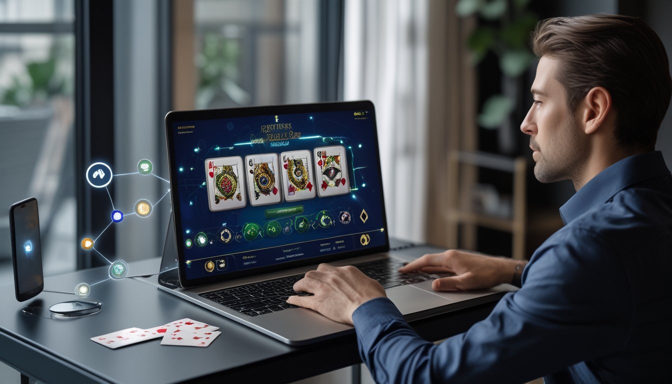 Seseorang menggunakan laptop untuk memainkan permainan kartu digital di meja dengan kartu dan ponsel di dekatnya.