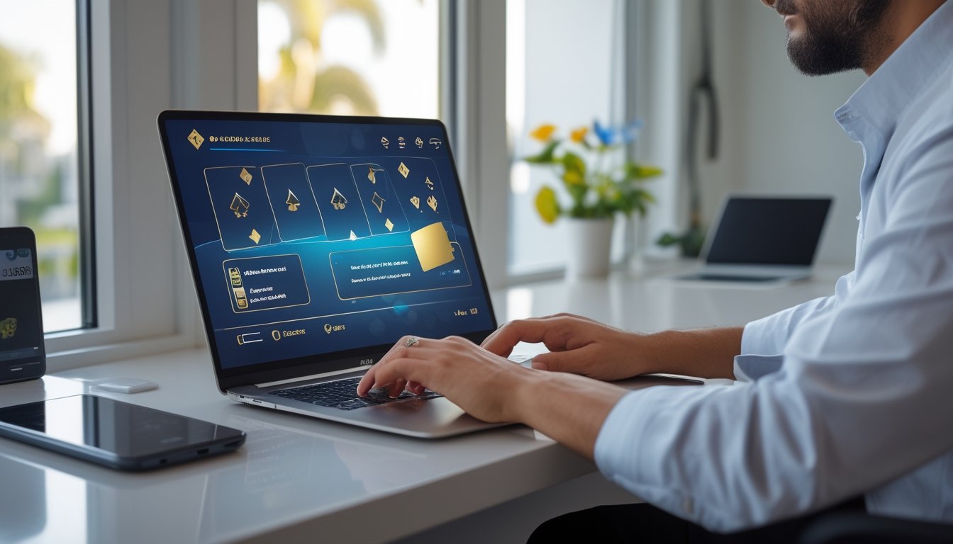 Seseorang menggunakan laptop untuk mengakses permainan kartu digital dengan ponsel di sampingnya.