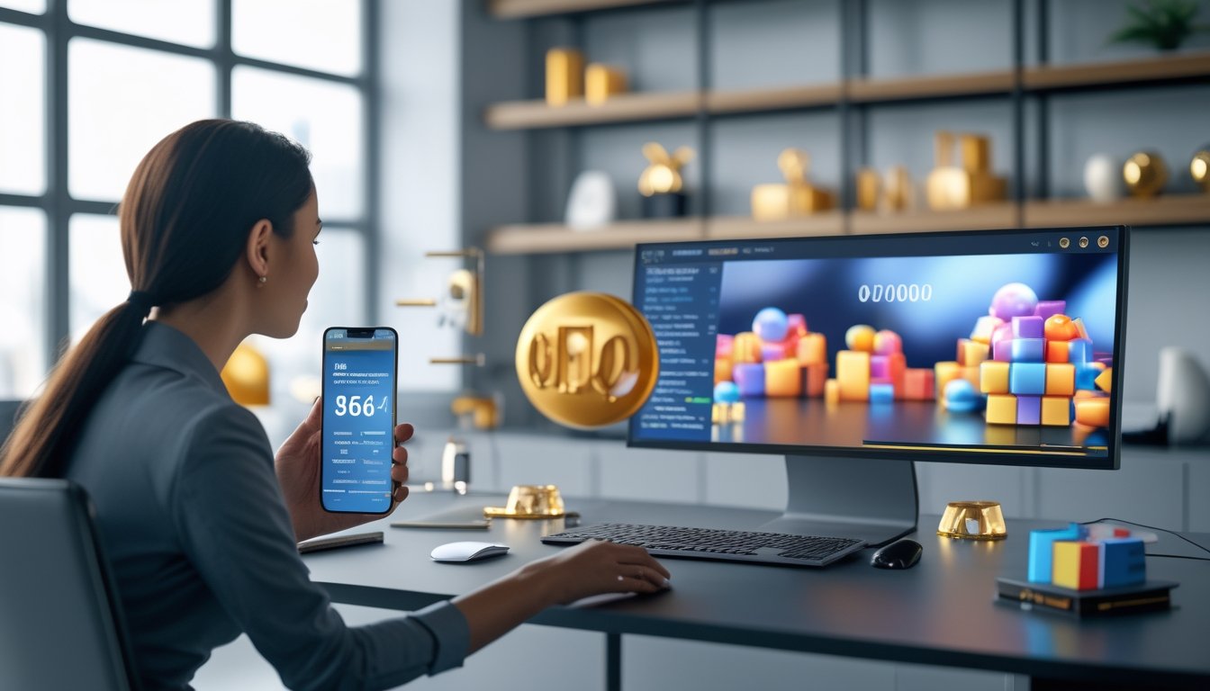 Seseorang menggunakan komputer dan ponsel untuk melihat antarmuka permainan digital 3D di ruang kerja modern.