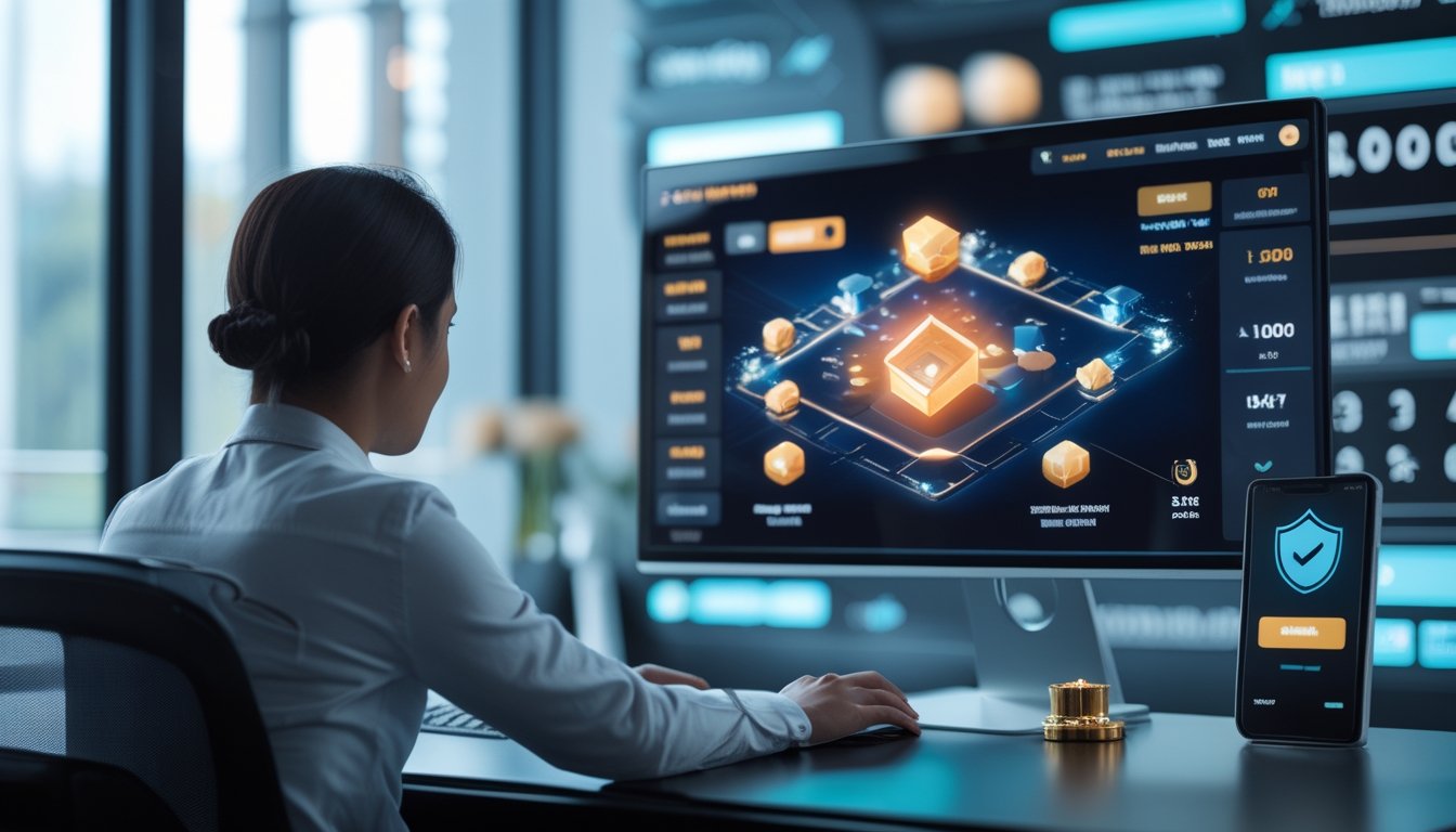 Orang dewasa menggunakan komputer dengan antarmuka permainan digital tiga dimensi dan elemen keamanan serta transaksi digital.