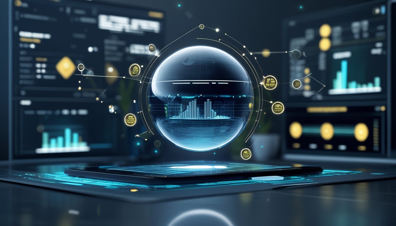 Tampilan platform digital futuristis dengan antarmuka tiga dimensi, aliran data bercahaya, dan meja kerja modern.