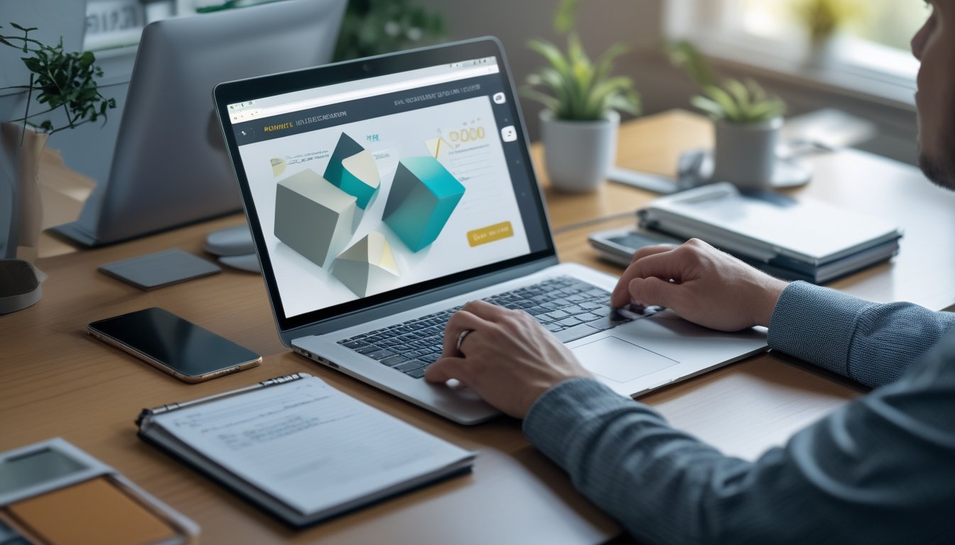 Seseorang meninjau dasbor digital abstrak di laptop dalam ruang kerja modern dengan ponsel dan kalkulator.