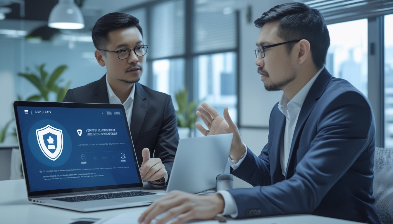 Dua profesional memeriksa keamanan dan legalitas platform digital di laptop.