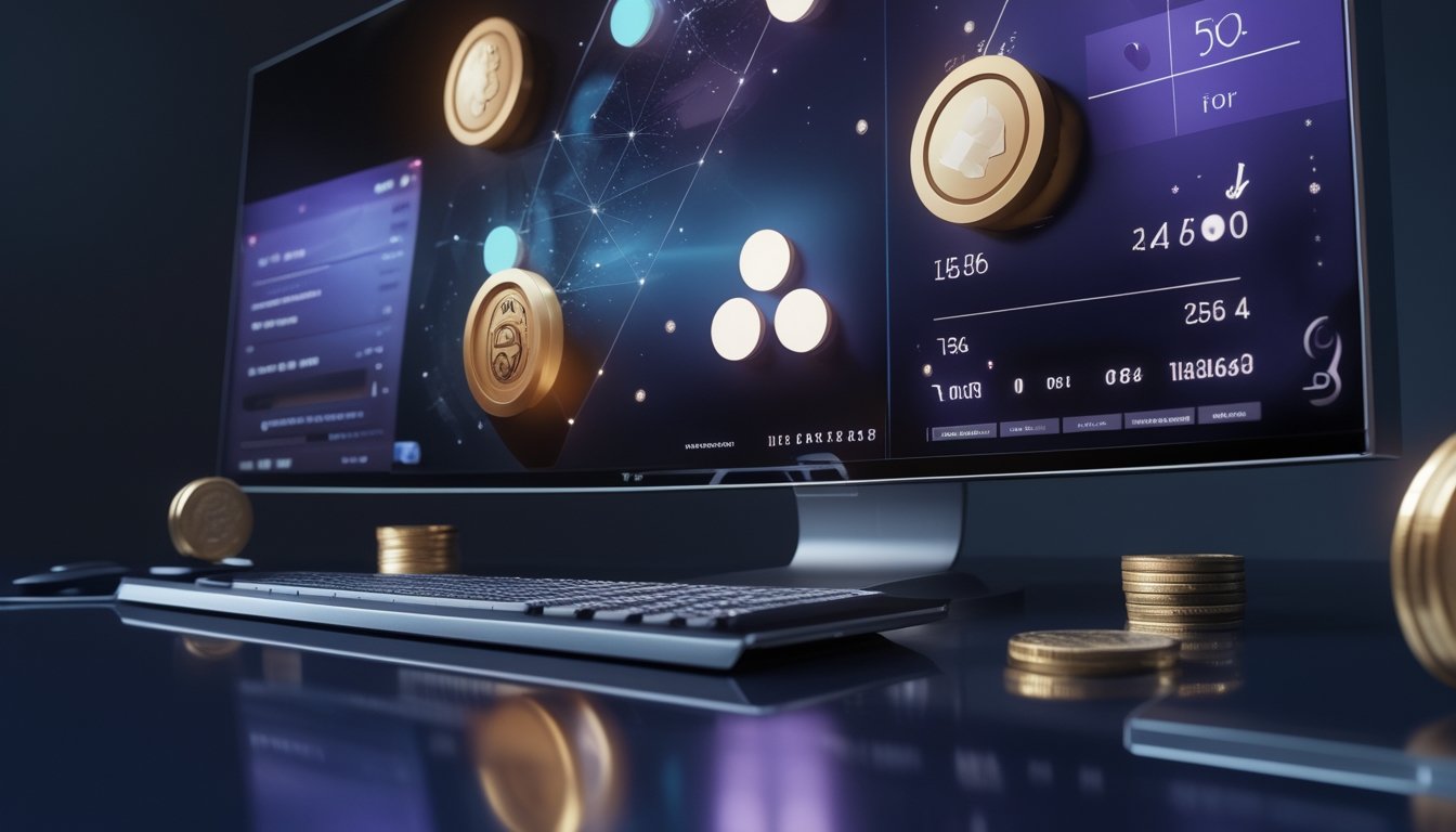 Meja kerja modern dengan monitor yang menampilkan antarmuka permainan digital futuristis dan beberapa koin serta keping permainan.