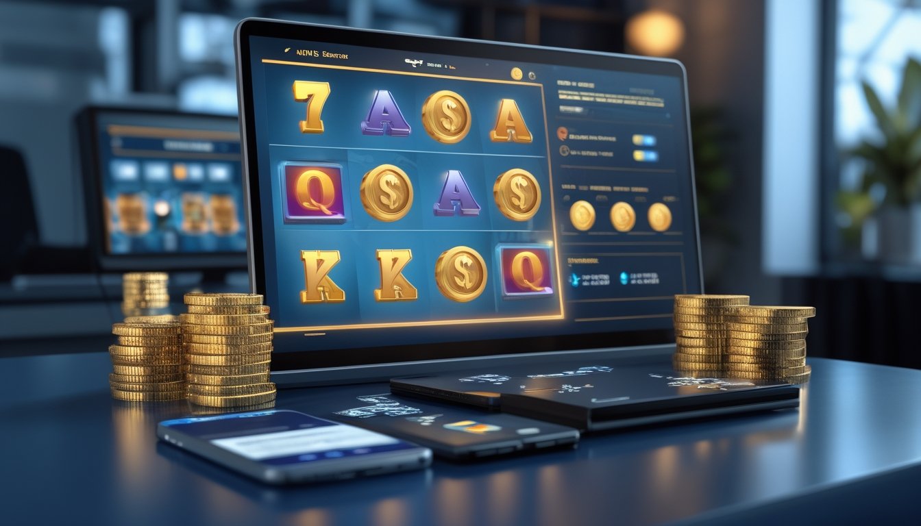 Meja kerja modern dengan laptop permainan slot, ponsel, kartu pembayaran, dan koin bonus.