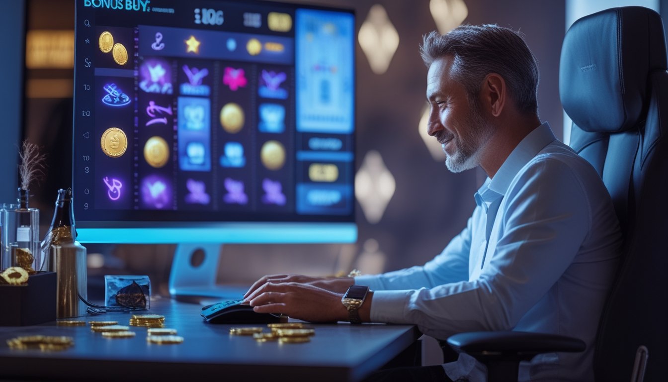 Seseorang memainkan permainan slot digital di depan komputer dengan efek koin emas dan cahaya berkilau.
