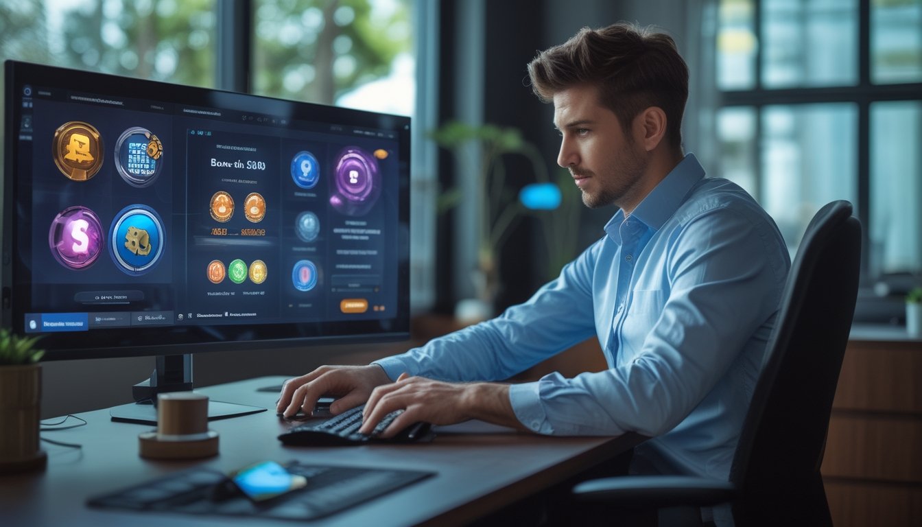 Orang dewasa sedang membandingkan pilihan permainan slot online di ruang kerja modern.