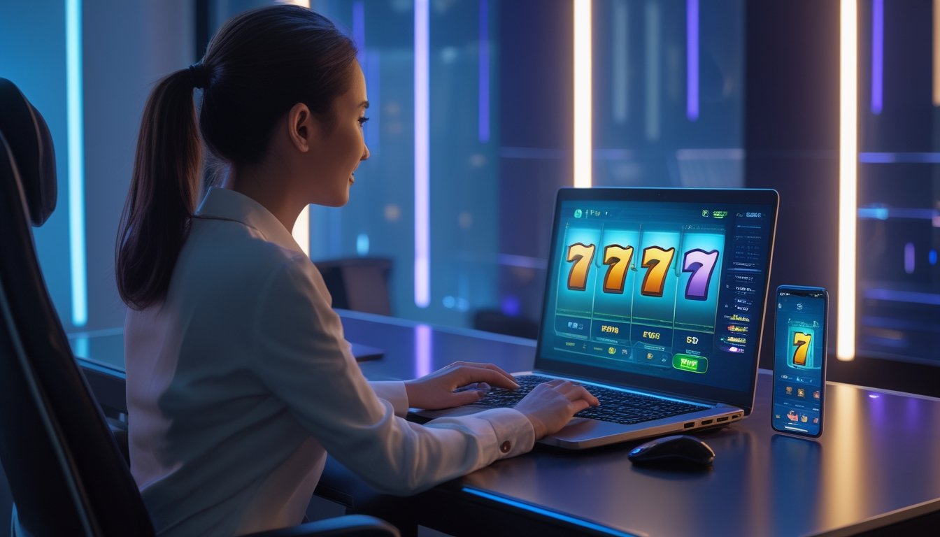 Seseorang memainkan permainan slot digital di laptop dalam ruangan modern dengan pencahayaan neon.