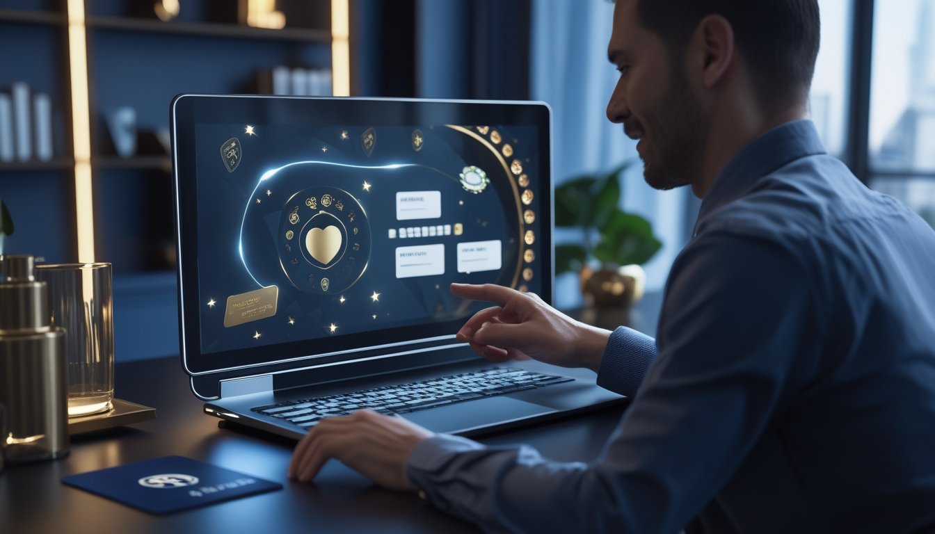 Seseorang menggunakan laptop dan ponsel dengan tampilan permainan digital bergaya premium di ruang kerja modern.