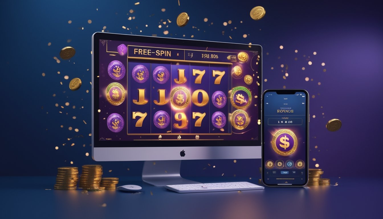Monitor dan ponsel menampilkan permainan slot digital dengan koin emas dan efek perayaan.