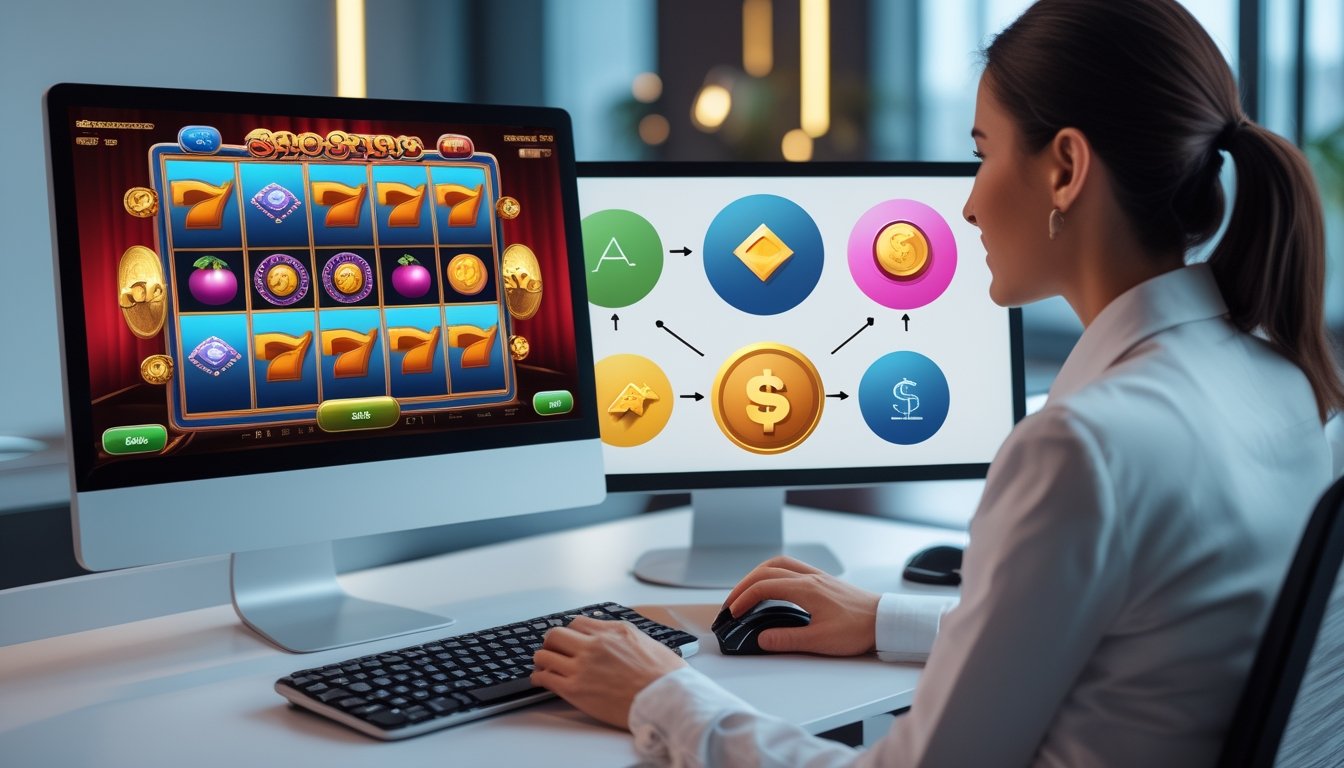 Seseorang menggunakan komputer dengan tampilan permainan slot dan ilustrasi langkah fitur putaran gratis.