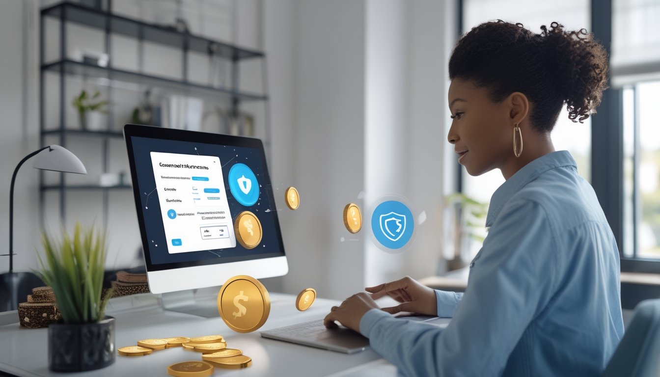 Orang dewasa menggunakan laptop untuk mendaftar akun dan menerima bonus digital di ruang kerja modern.