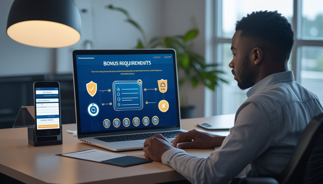 Seseorang meninjau persyaratan bonus dan verifikasi platform online di meja kerja.
