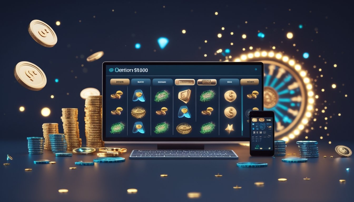 Perangkat komputer dan ponsel menampilkan permainan slot dengan koin emas dan efek cahaya di lingkungan modern.