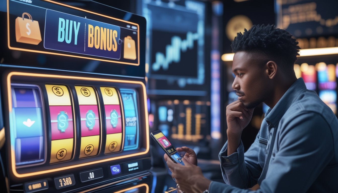 Orang dewasa sedang menganalisis fitur bonus beli pada mesin slot digital dengan simbol risiko dan koin.