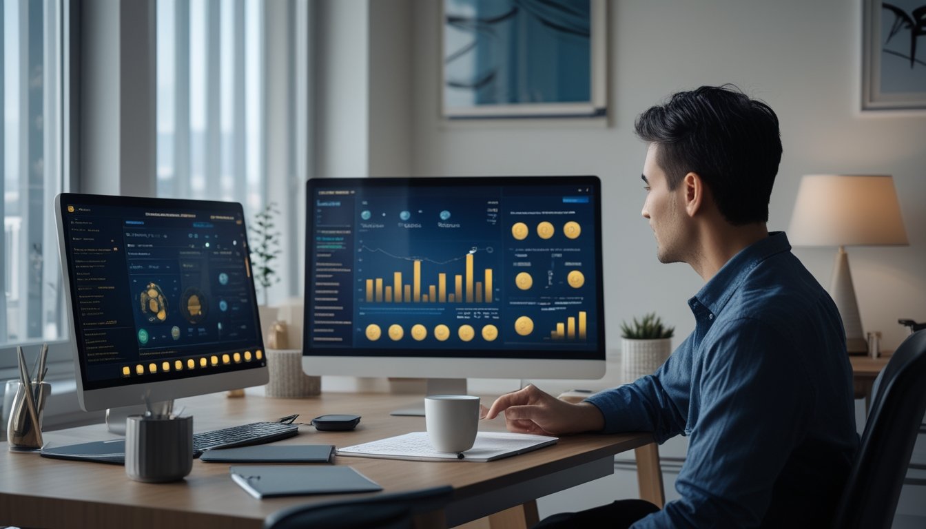 Seorang pemain dewasa menganalisis grafik permainan slot digital di ruang kerja modern.