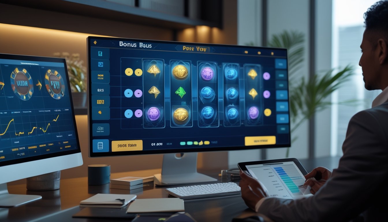 Seorang analis mempelajari antarmuka permainan slot dan grafik di meja kerja modern.