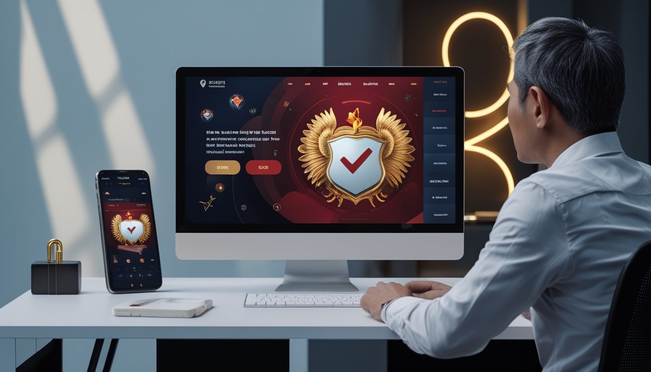 Seseorang melihat platform digital bertema olahraga ayam pada ponsel dan laptop dengan simbol keamanan.