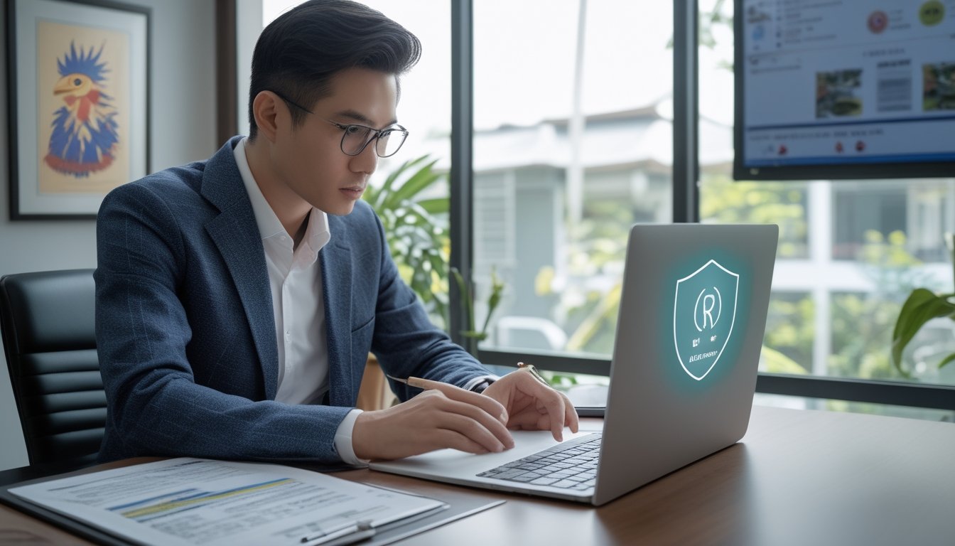 Profesional hukum Indonesia meninjau dokumen kepatuhan dan keamanan digital di kantor modern, dengan ayam jago terlihat samar di luar jendela.