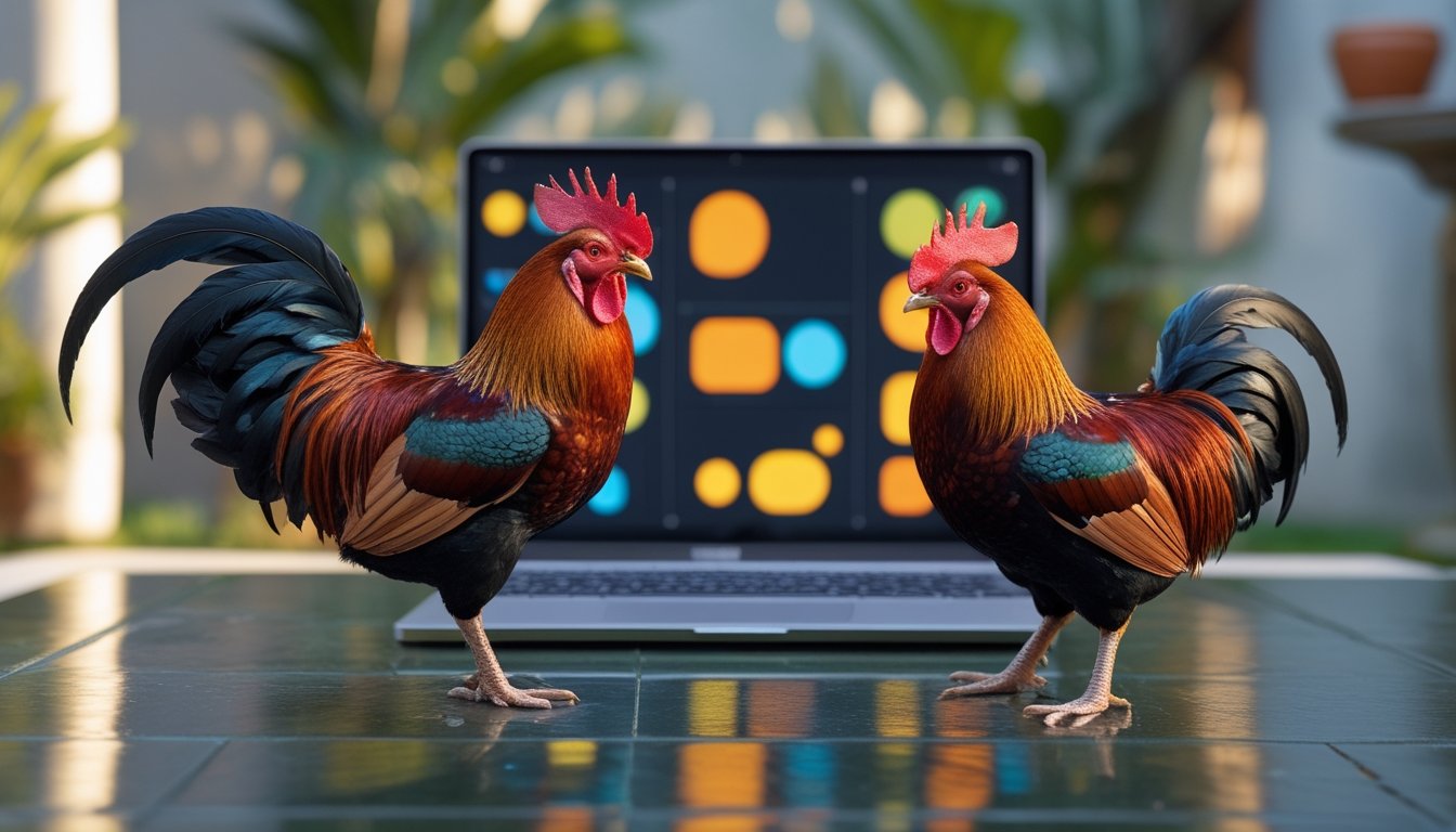 Dua ayam hias berdiri tenang di halaman tropis dengan laptop dan ponsel di latar belakang.