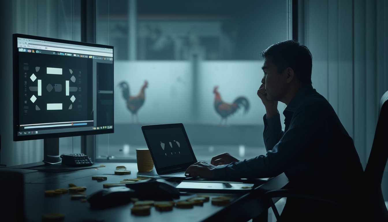Seseorang tampak khawatir melihat laptop di meja dengan simbol risiko keuangan dan siluet arena sabung ayam di latar belakang.