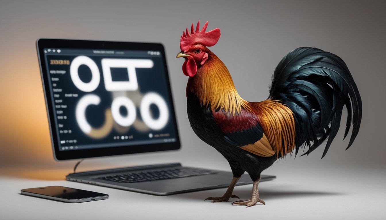 Seekor ayam jantan berdiri di samping laptop dan ponsel dalam suasana studio modern.