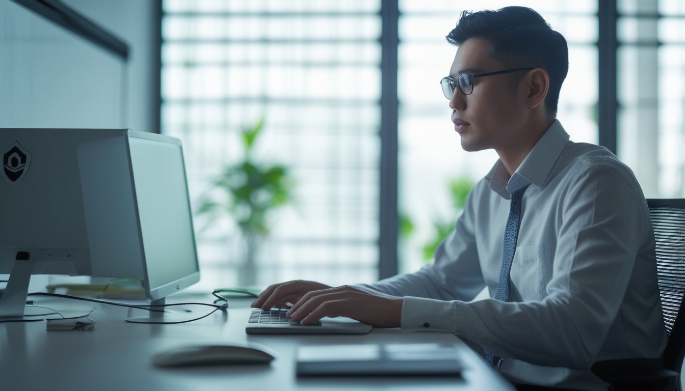 Seorang profesional Indonesia bekerja dengan laptop di kantor modern dengan suasana aman dan terpercaya.