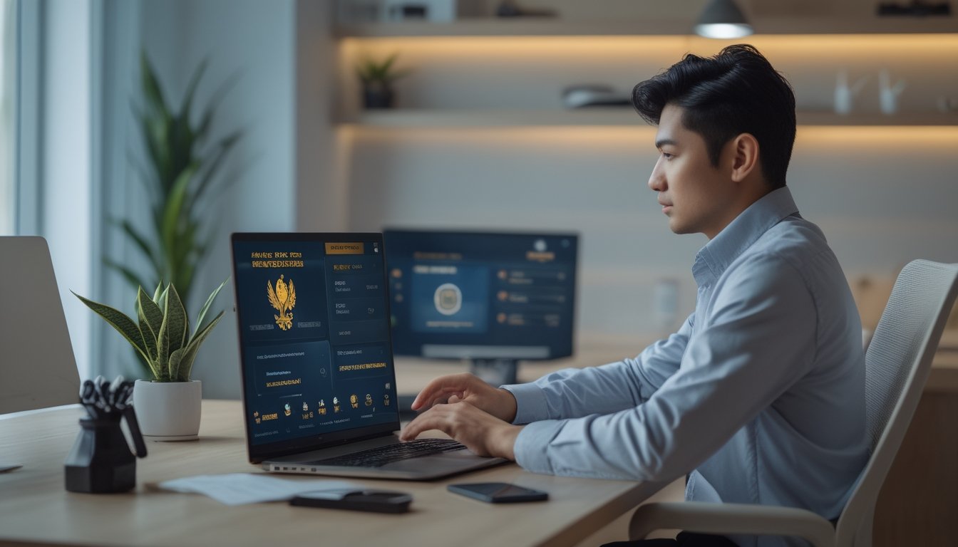 Seseorang menggunakan laptop dan ponsel di ruang kerja modern dengan simbol ayam jantan dekoratif serta tampilan digital abstrak.