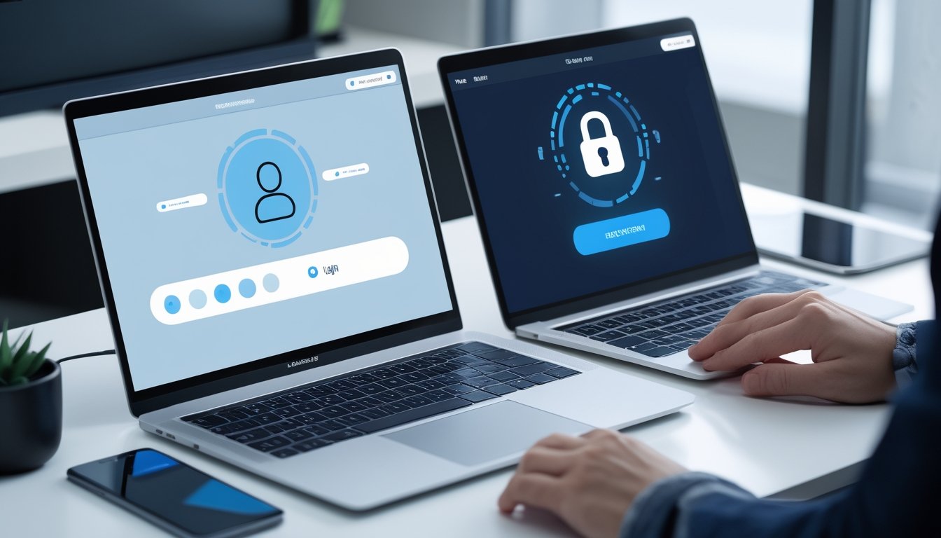 Seseorang menggunakan laptop dan ponsel untuk mengakses halaman login digital yang aman.