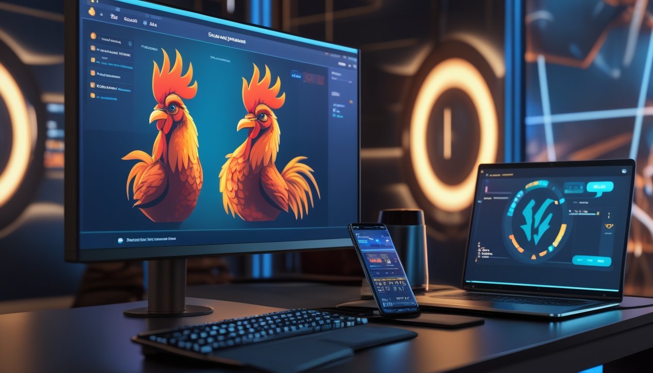 Ruang hiburan digital modern dengan ilustrasi dua ayam jago pada layar komputer dan ponsel di atas meja.