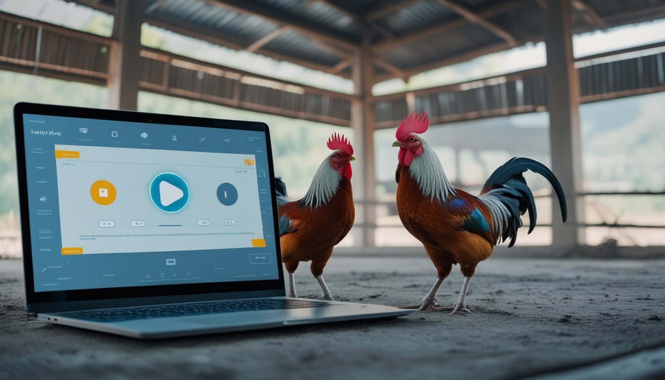 Dua ayam jantan berdiri di arena, sementara laptop dan ponsel menampilkan siaran video langsung.