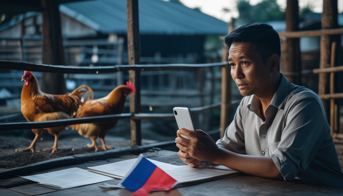 Seseorang mengamati siaran ayam melalui ponsel di dekat kandang ayam dan dokumen hukum.