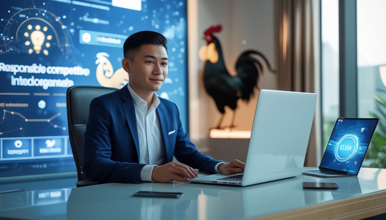 Seorang perwakilan bisnis menggunakan laptop dan ponsel di kantor modern dengan siluet ayam di latar belakang.