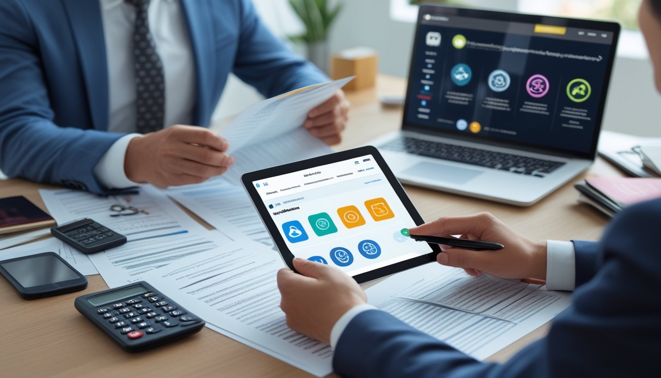 Seorang profesional memeriksa dokumen resmi dan tablet di meja kerja modern.