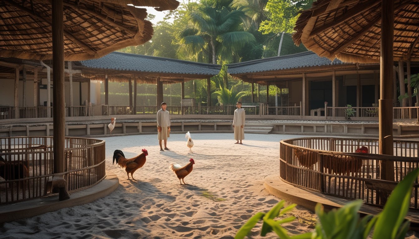 Arena ayam tradisional yang tertata dengan beberapa ayam jantan dalam kandang dan pengamat di sekitarnya.