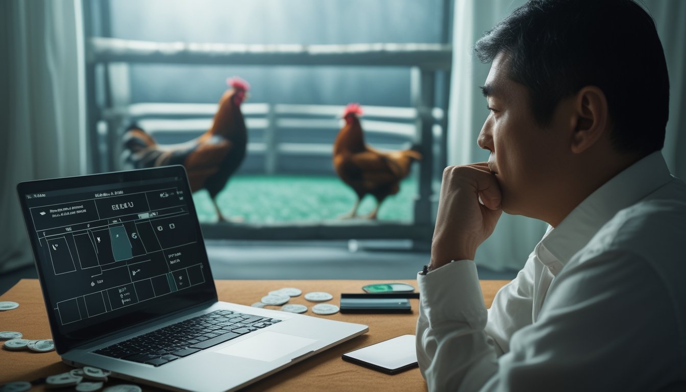 Seseorang tampak cemas di depan laptop dengan benda-benda yang menggambarkan tekanan akibat perjudian, sementara arena sabung ayam terlihat samar di latar belakang.