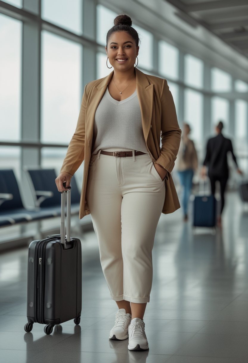 A confident plus-size woman in a stylish travel outfit stands with a suitcase in a modern airport terminal.