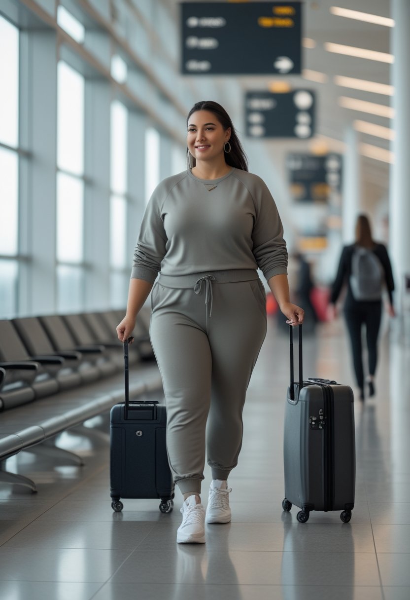 A curvy woman in a matching sweatshirt and jogger set walks through an airport with a suitcase and shoulder bag.