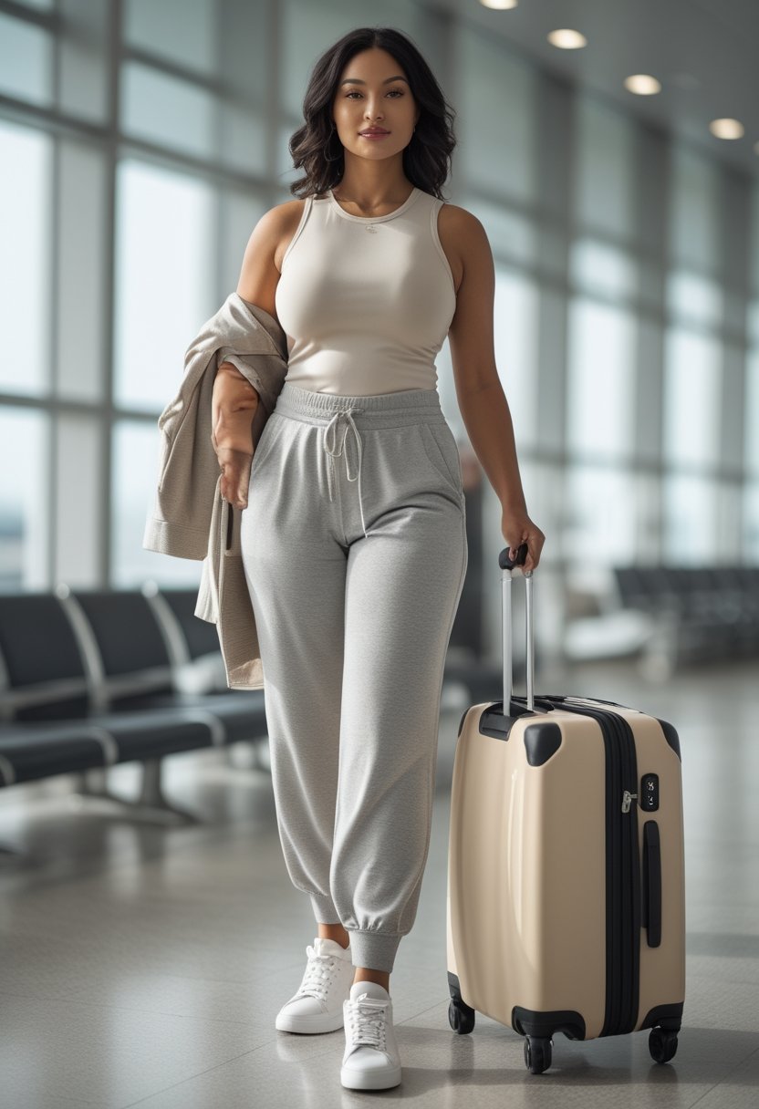 A curvy woman in wide-leg pants and a fitted tank top stands with a suitcase in a bright airport terminal.