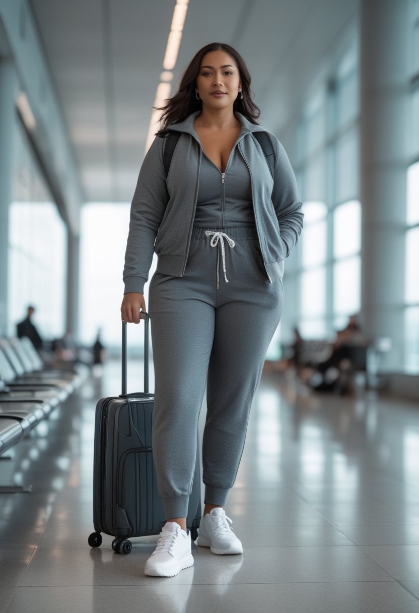 A curvy woman in a monochrome tracksuit and slip-on sneakers stands with luggage inside a bright airport terminal.