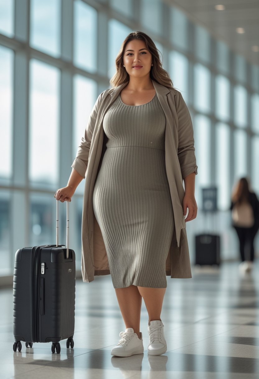 A curvy woman in a ribbed midi dress and lightweight jacket stands with luggage in a bright airport terminal.