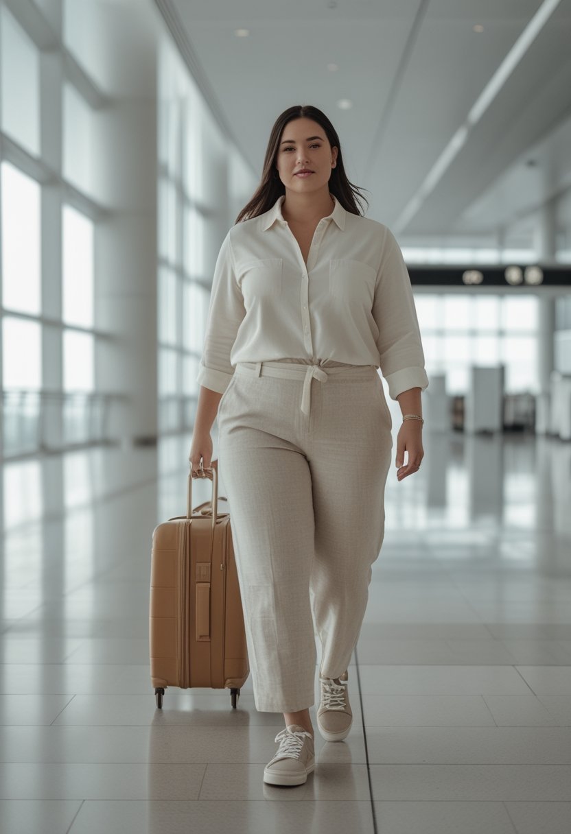 A curvy woman wearing loose trousers and a button-down shirt walks through an airport with luggage.