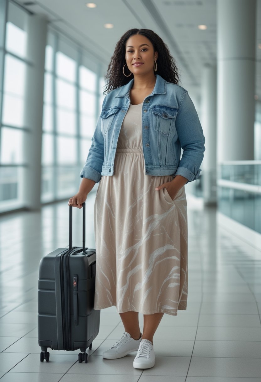 A curvy woman wearing a cropped denim jacket over a maxi dress stands with a rolling suitcase in an airport terminal.