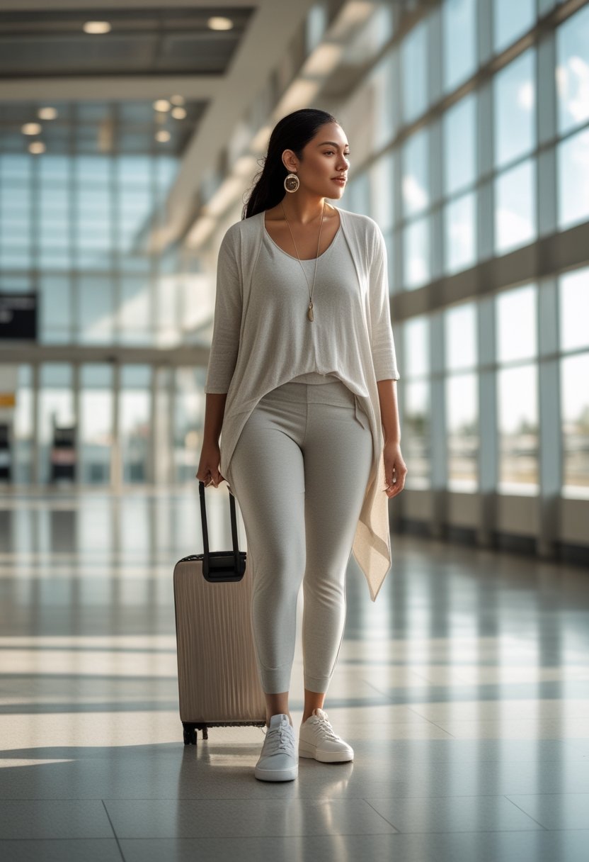 A confident curvy woman walks through an airport wearing ankle pants and a relaxed tunic with a suitcase.