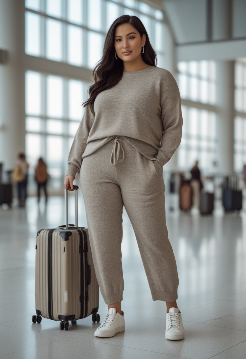 A curvy woman in a soft knit matching outfit and leather sneakers stands with luggage in a bright airport terminal.