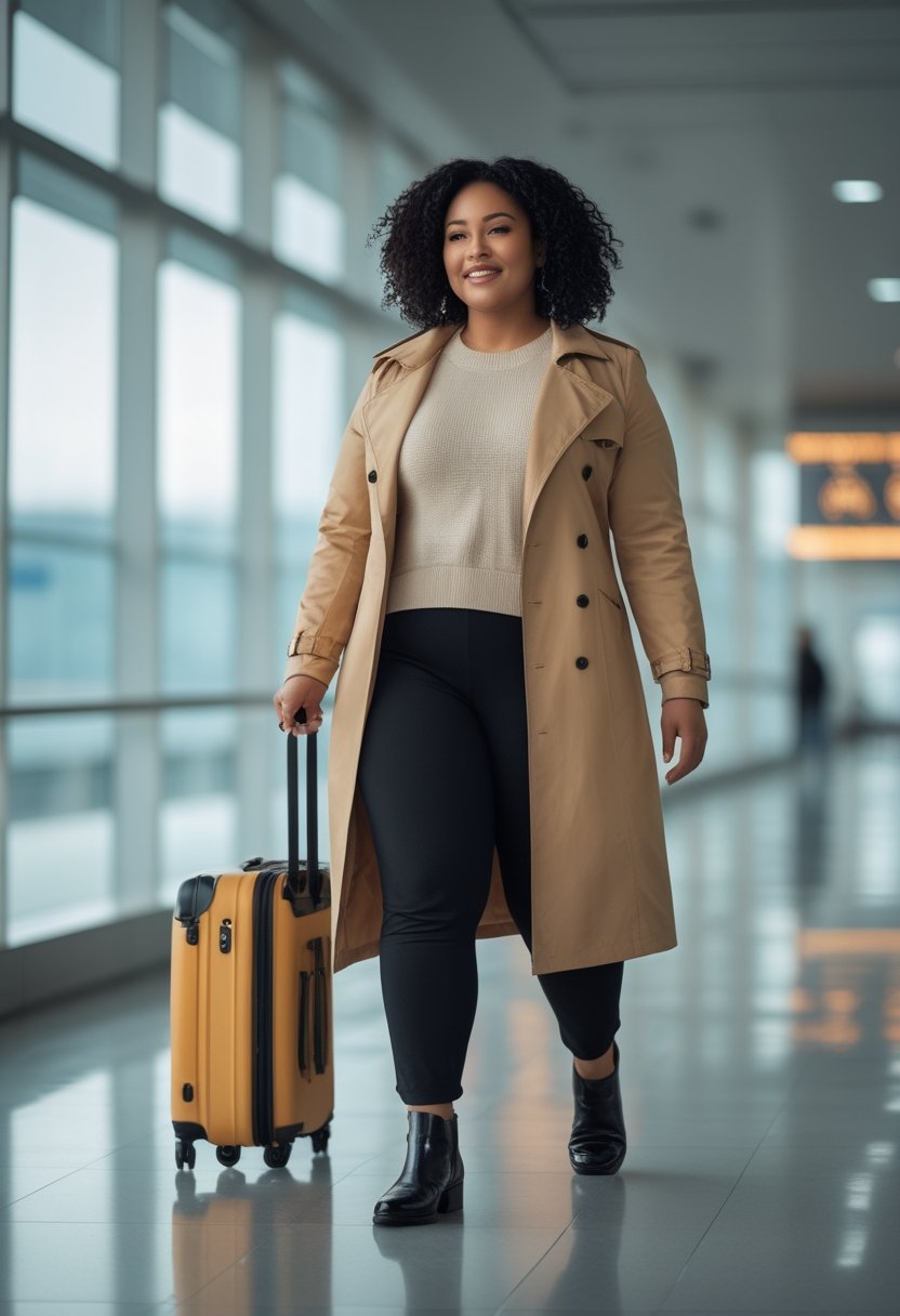 A curvy woman wearing a trench coat and black pants walks through an airport with a carry-on suitcase.