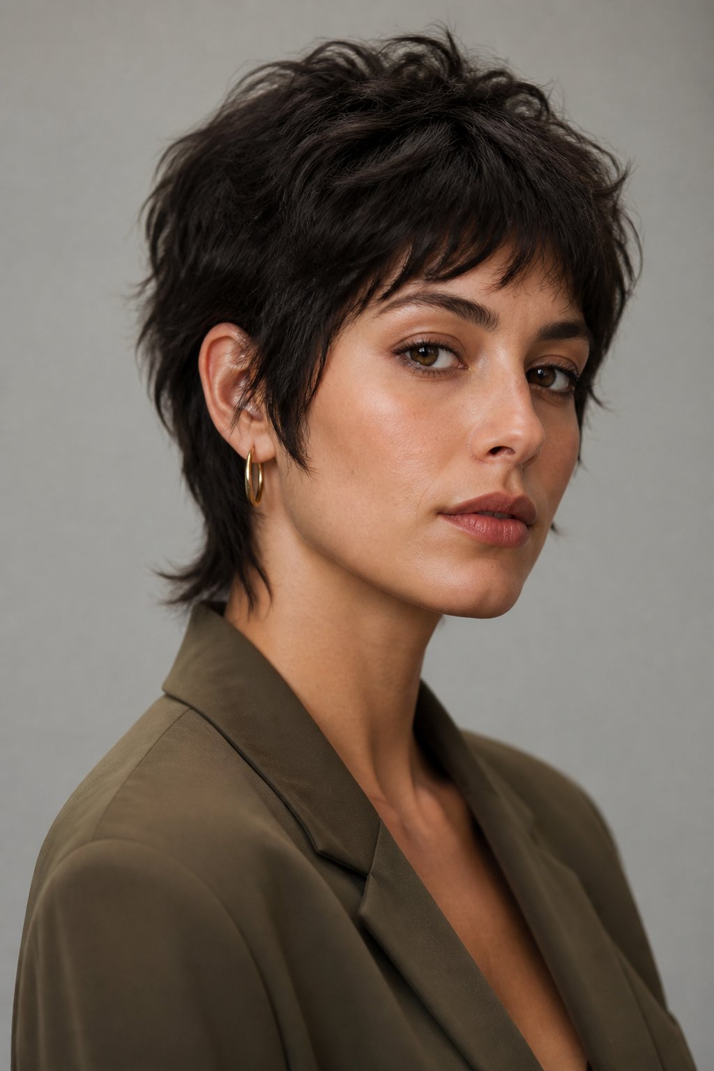 A woman with a short textured haircut poses in a softly lit studio.