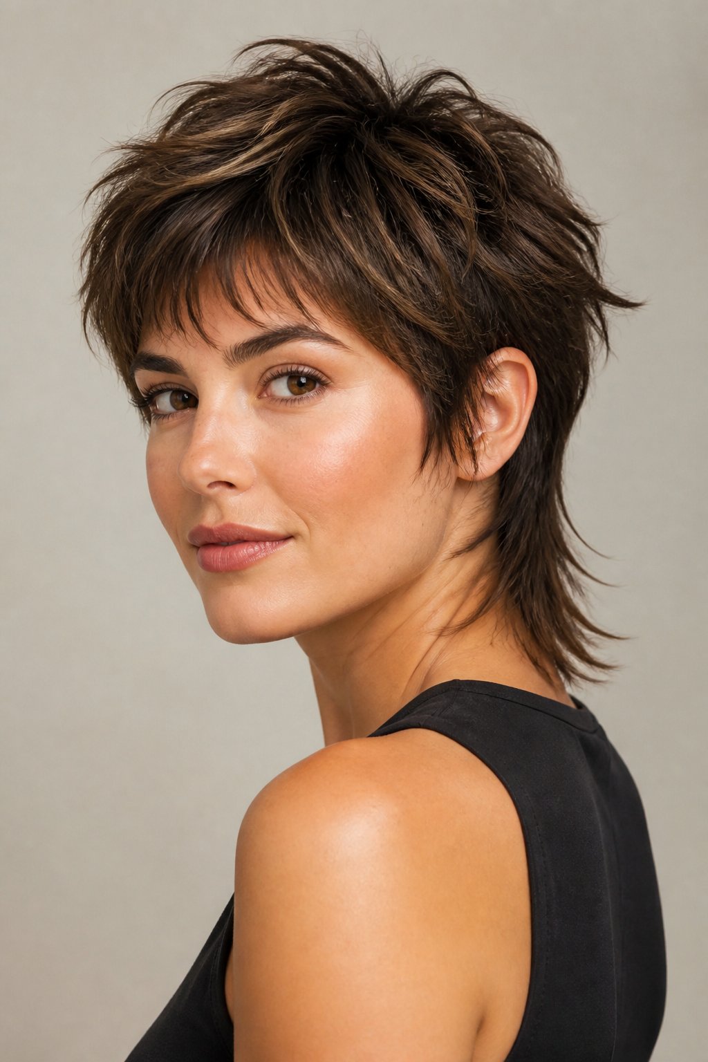 A woman with a short layered haircut poses against a plain background.