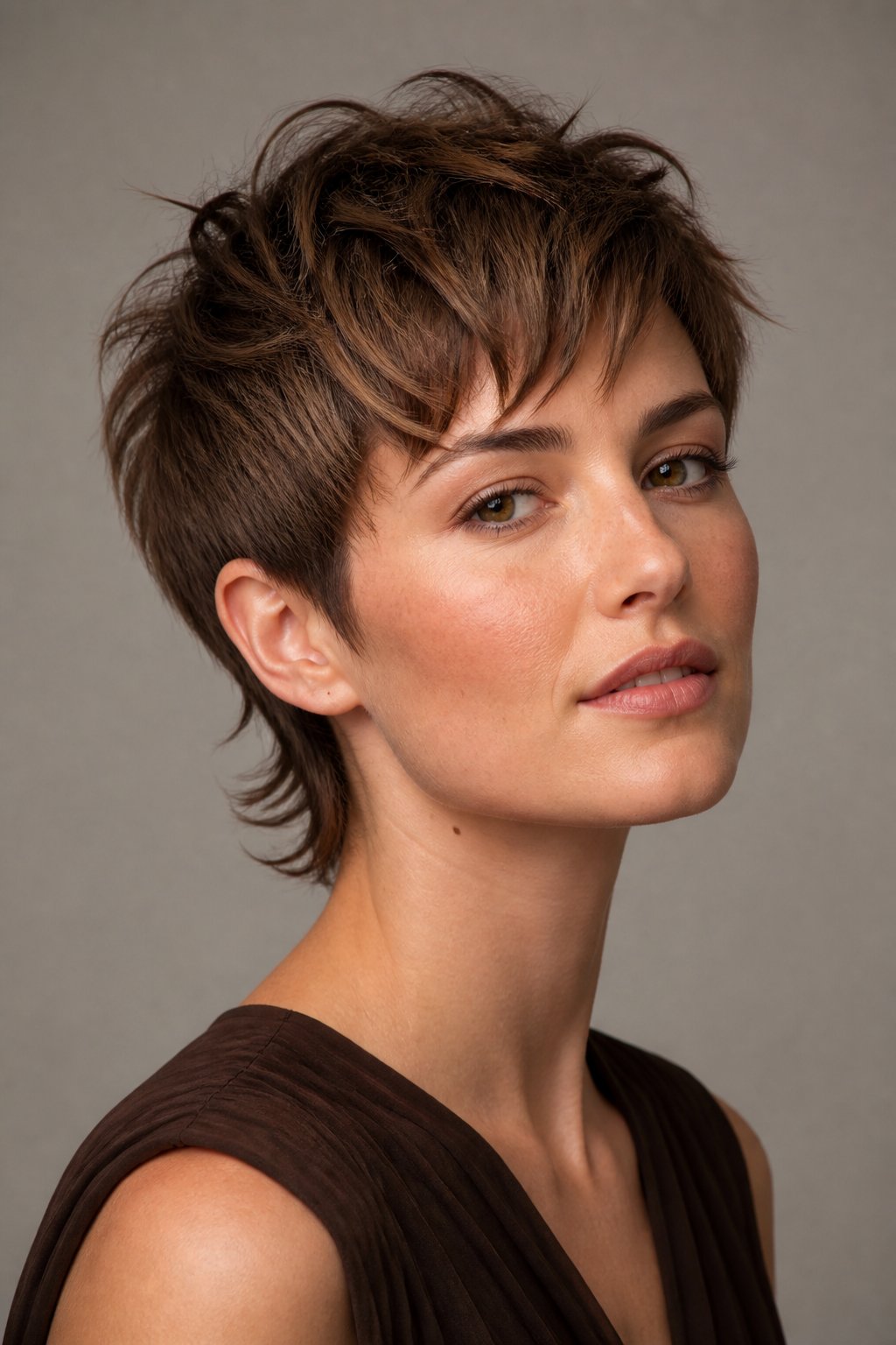 A woman with a short layered haircut poses against a plain background.